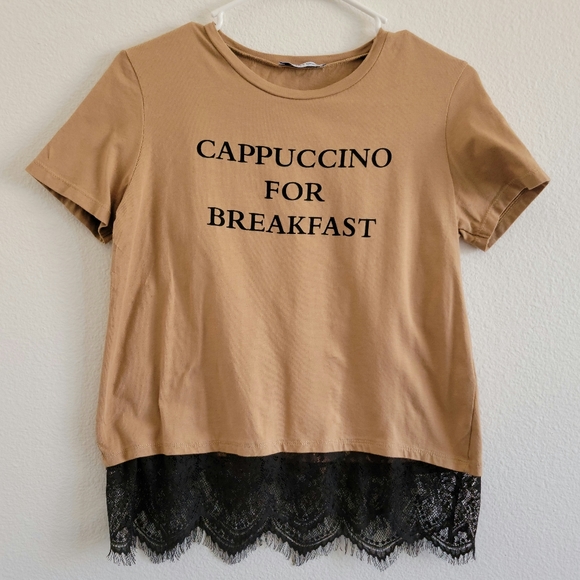 Zara Tops - Zara Cappuccino For Breakfast Lace Trim Everyday T